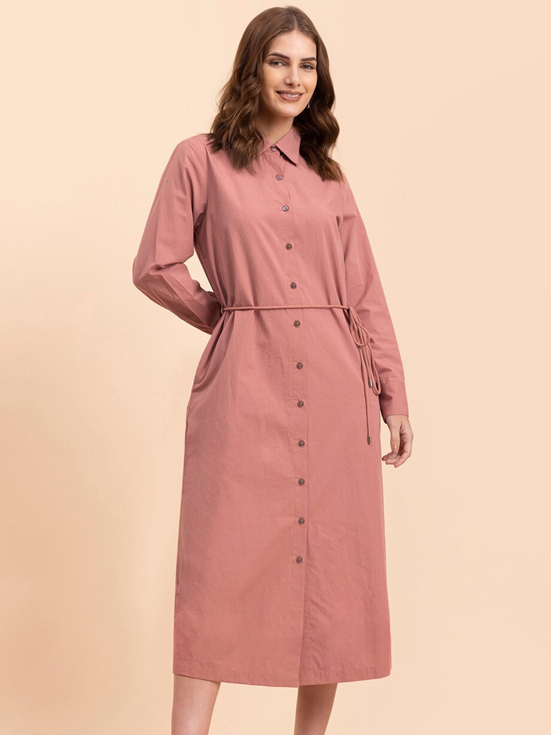 

FableStreet Tie-Ups Shirt Midi Dress, Pink