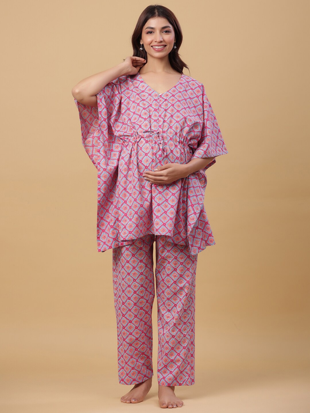 

Ikk Kudi by Seerat Women Blue & Pink Printed Maternity Pure Cotton Night suit