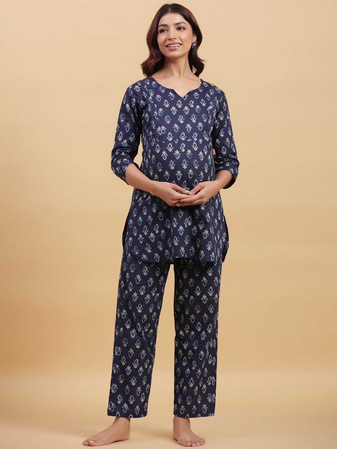 

Ikk Kudi by Seerat Women Ethnic Motifs Printed Maternity Night Suit, Navy blue