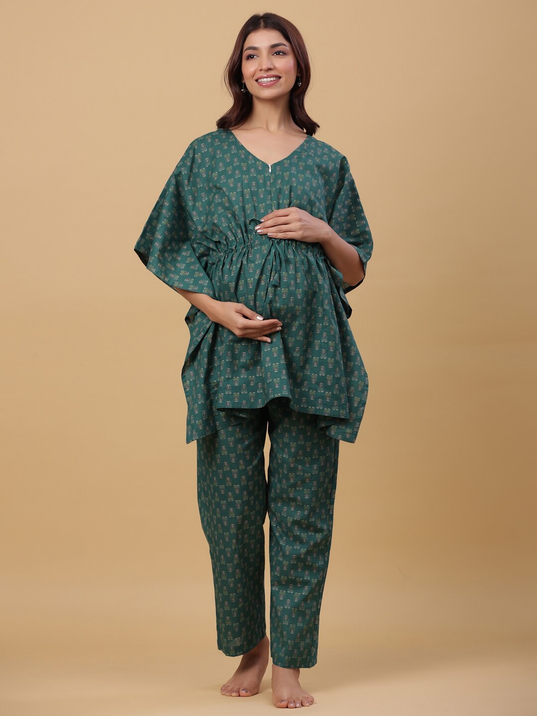 

Ikk Kudi by Seerat Women Ethnic Motifs Printed Maternity Pure Cotton Kaftan Night Suit, Green