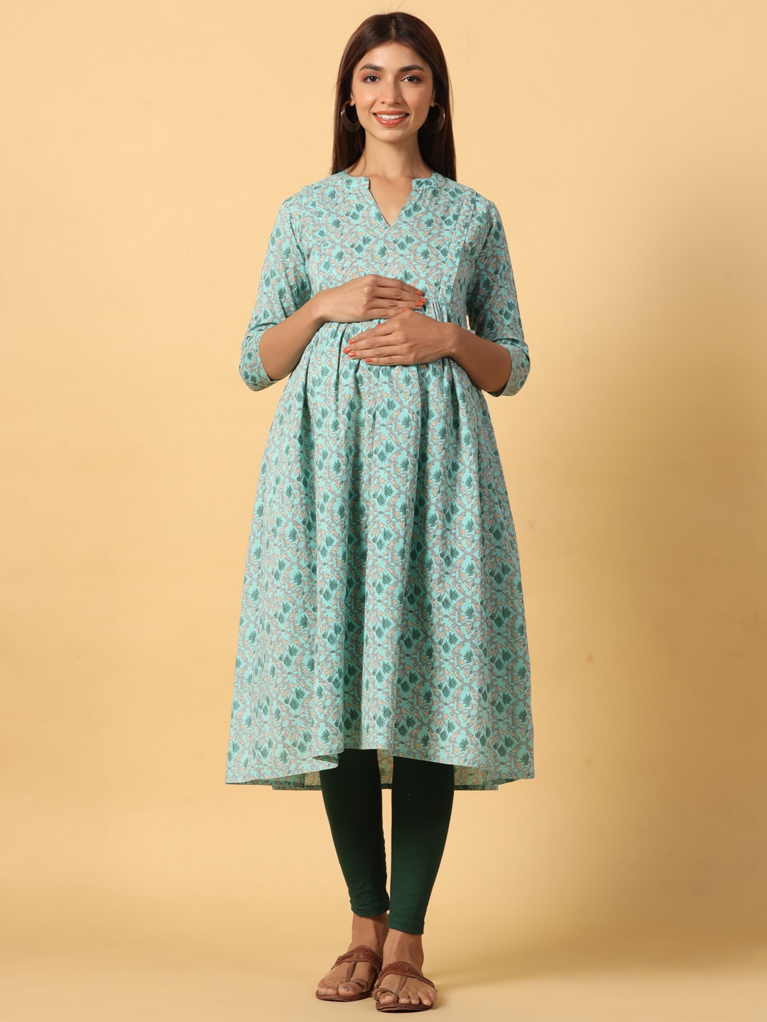 

CRAFIQA Women Floral Printed Maternity Anarkali Pure Cotton Kurta, Sea green