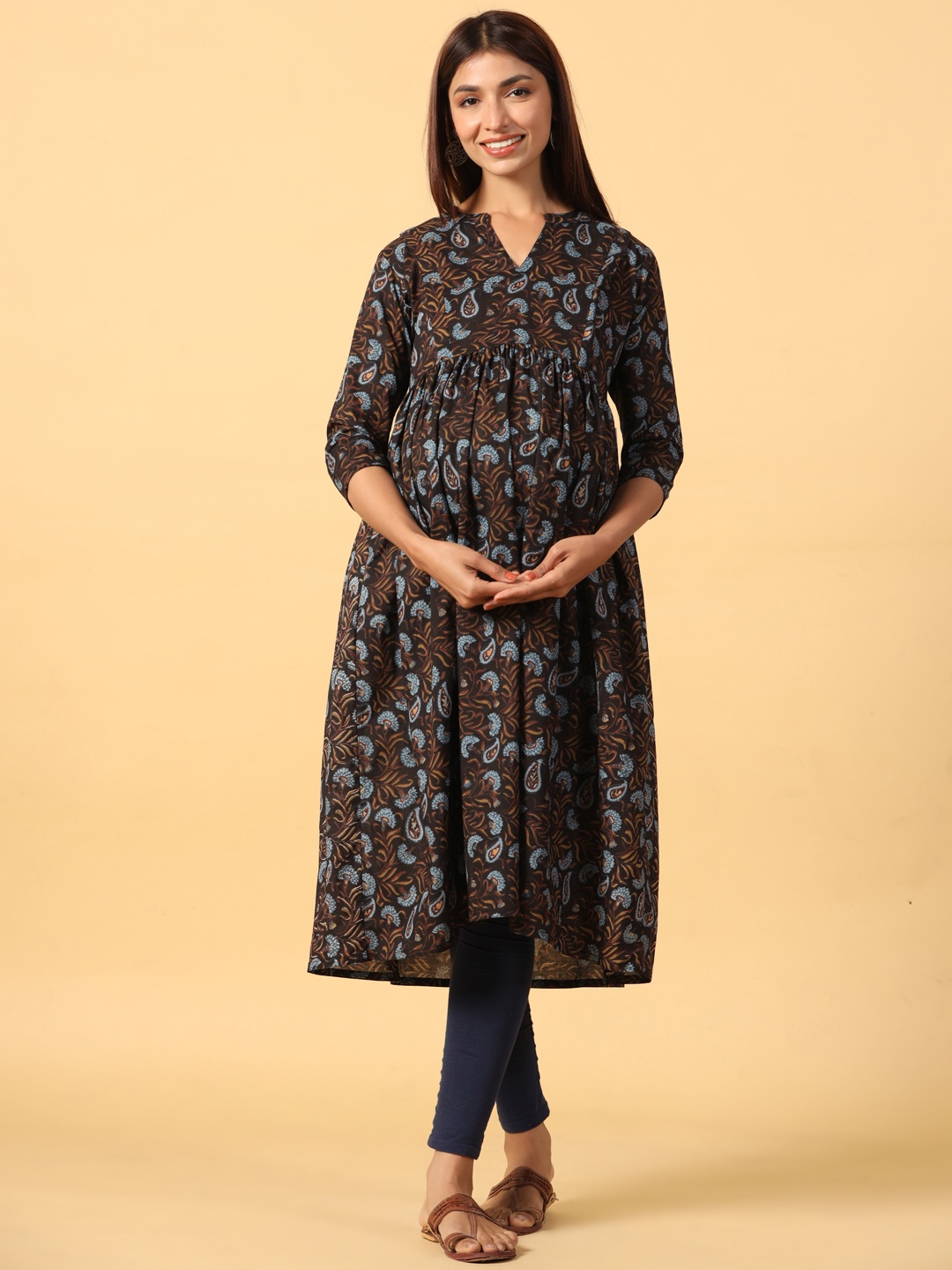 

CRAFIQA Women Floral Printed Maternity Anarkali Pure Cotton Kurta, Black