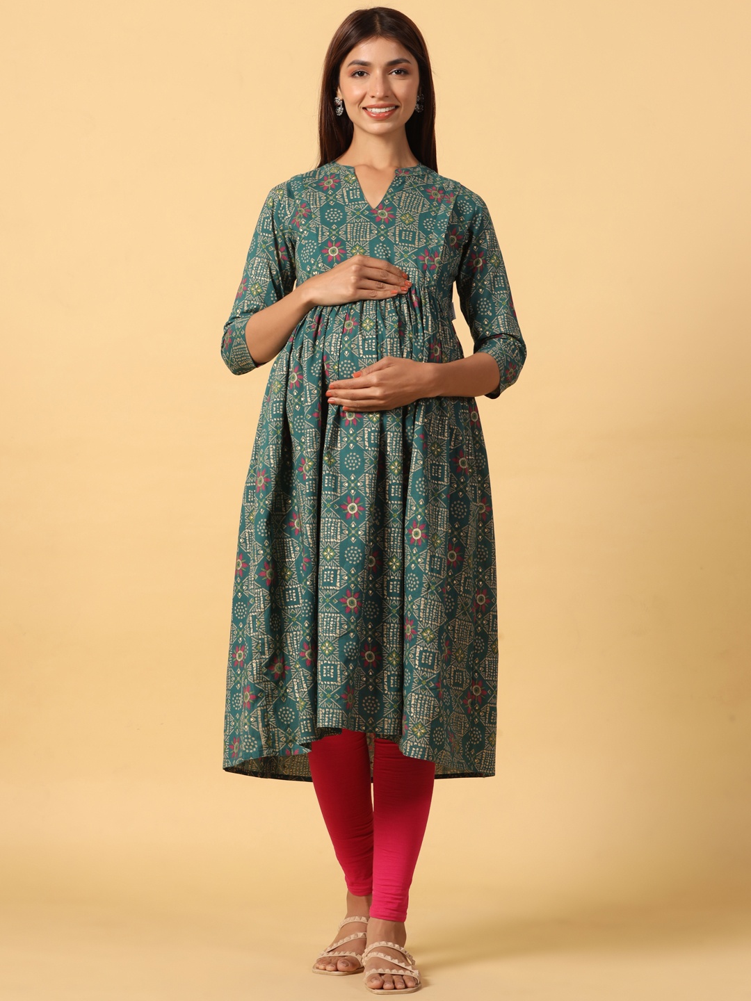 

CRAFIQA Women Floral Printed Maternity Anarkali Pure Cotton Kurta, Green