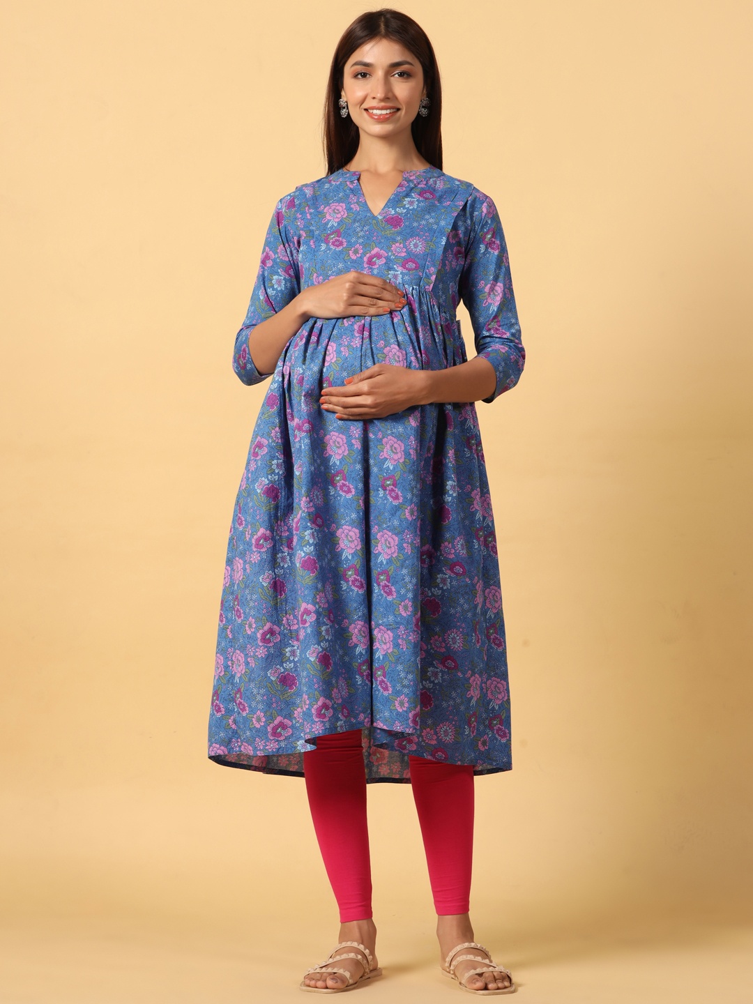 

CRAFIQA Women Floral Printed Maternity Anarkali Pure Cotton Kurta, Blue