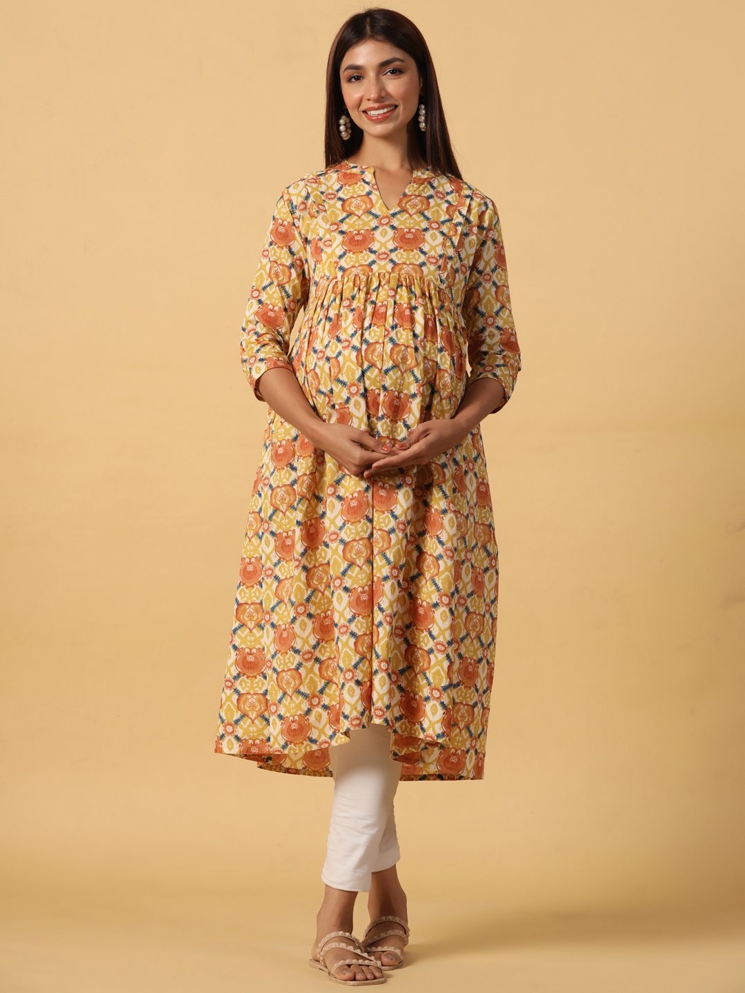 

CRAFIQA Women Ethnic Motifs Printed Maternity Anarkali Pure Cotton Kurta, Mustard