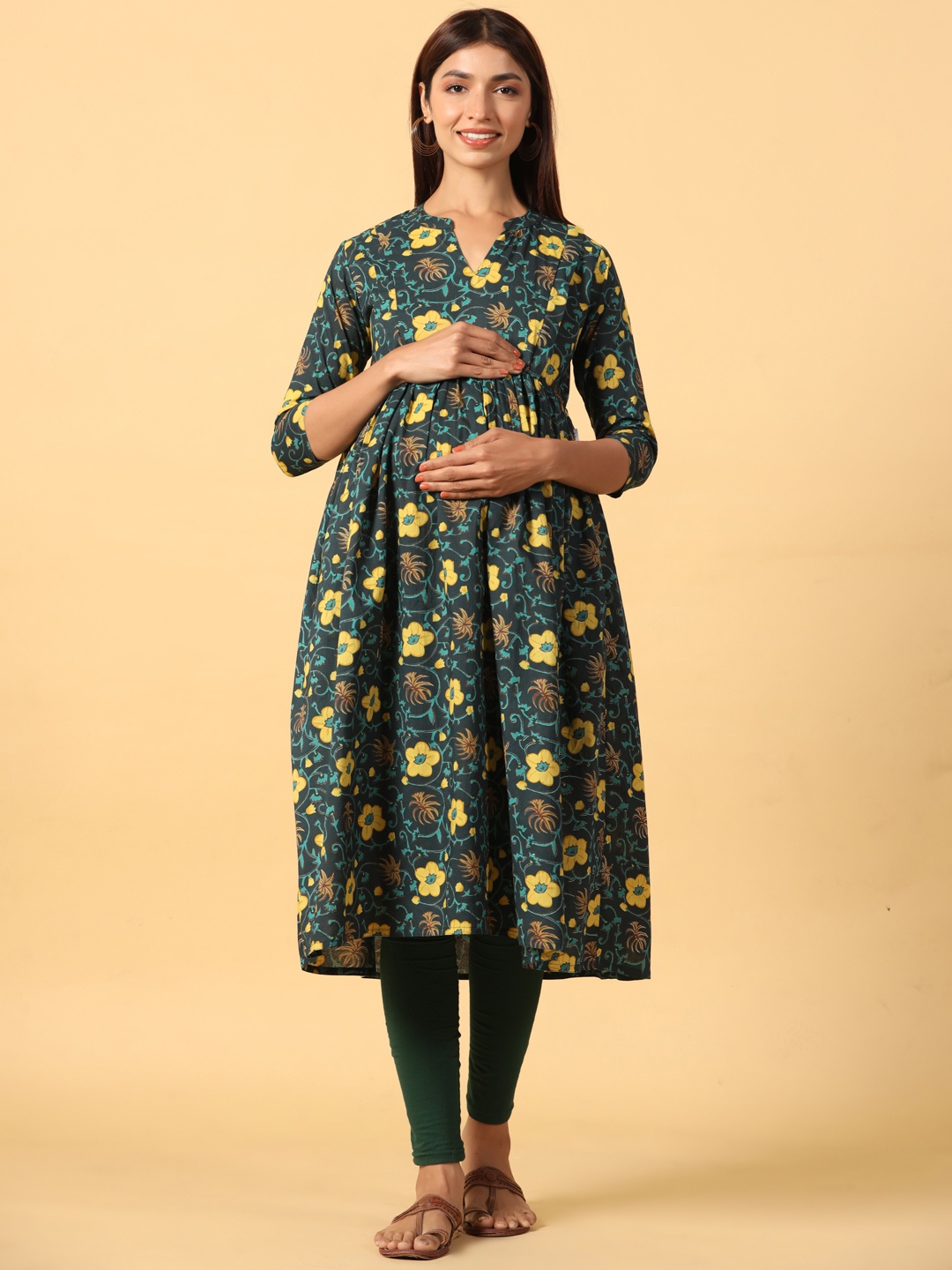 

CRAFIQA Women Floral Printed Maternity Anarkali Pure Cotton Kurta, Green