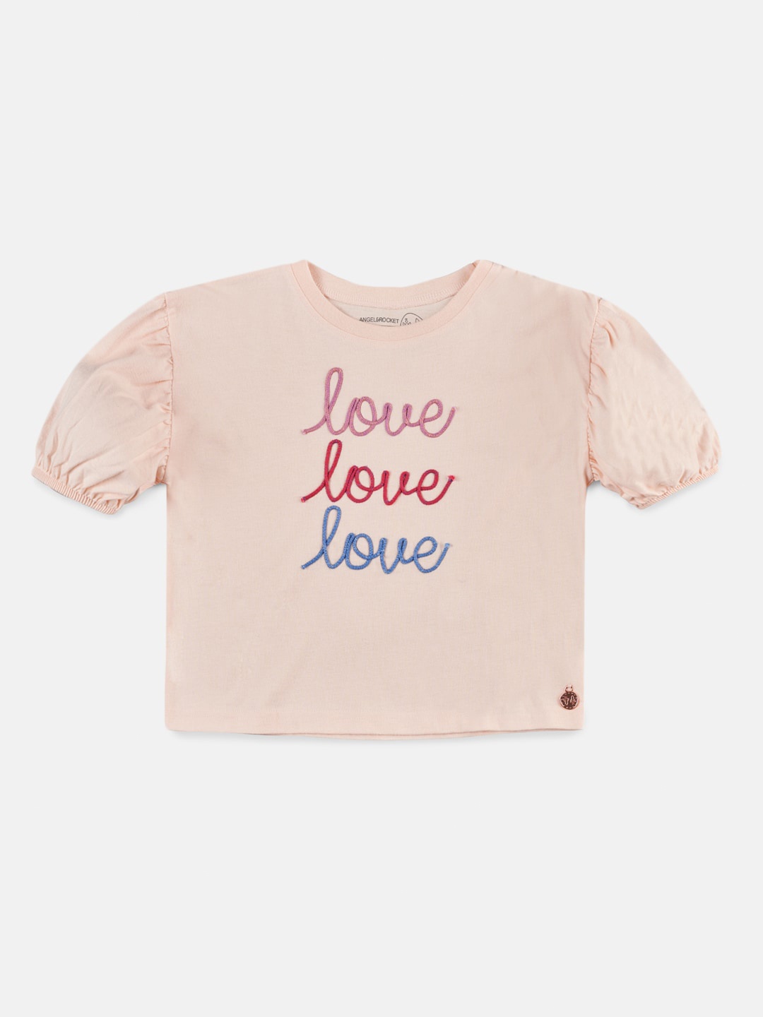 

Angel & Rocket Girls Typography Printed Puff Sleeves Cotton Top, Peach