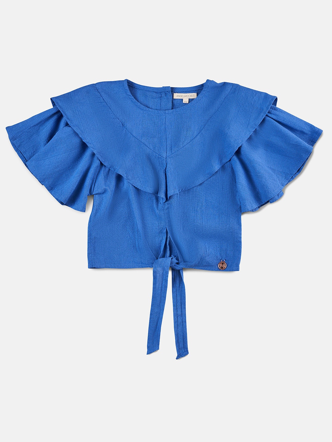 

Angel & Rocket Girls Flutter Sleeves Ruffled Tie-up Cape Top, Blue