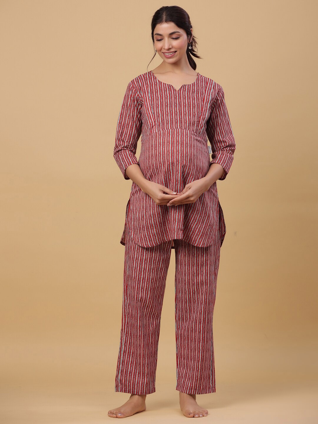 

CRAFIQA Women Striped Pure Cotton Maternity Night Suit, Maroon