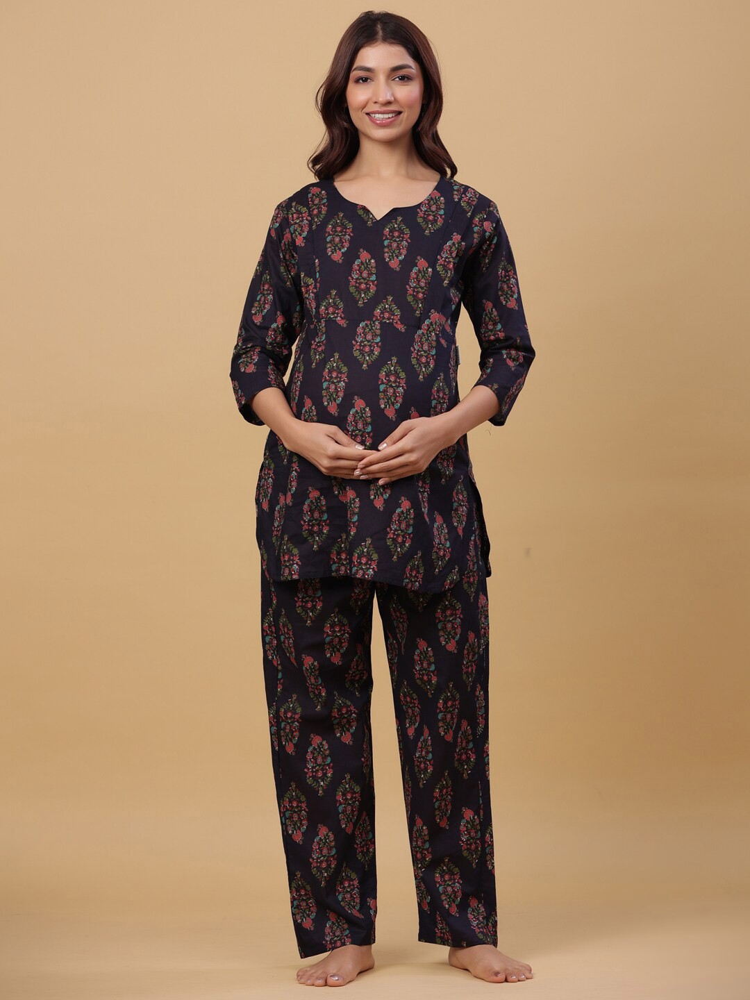 

CRAFIQA Ethnic Motifs Printed Pure Cotton Maternity Night Suit, Navy blue