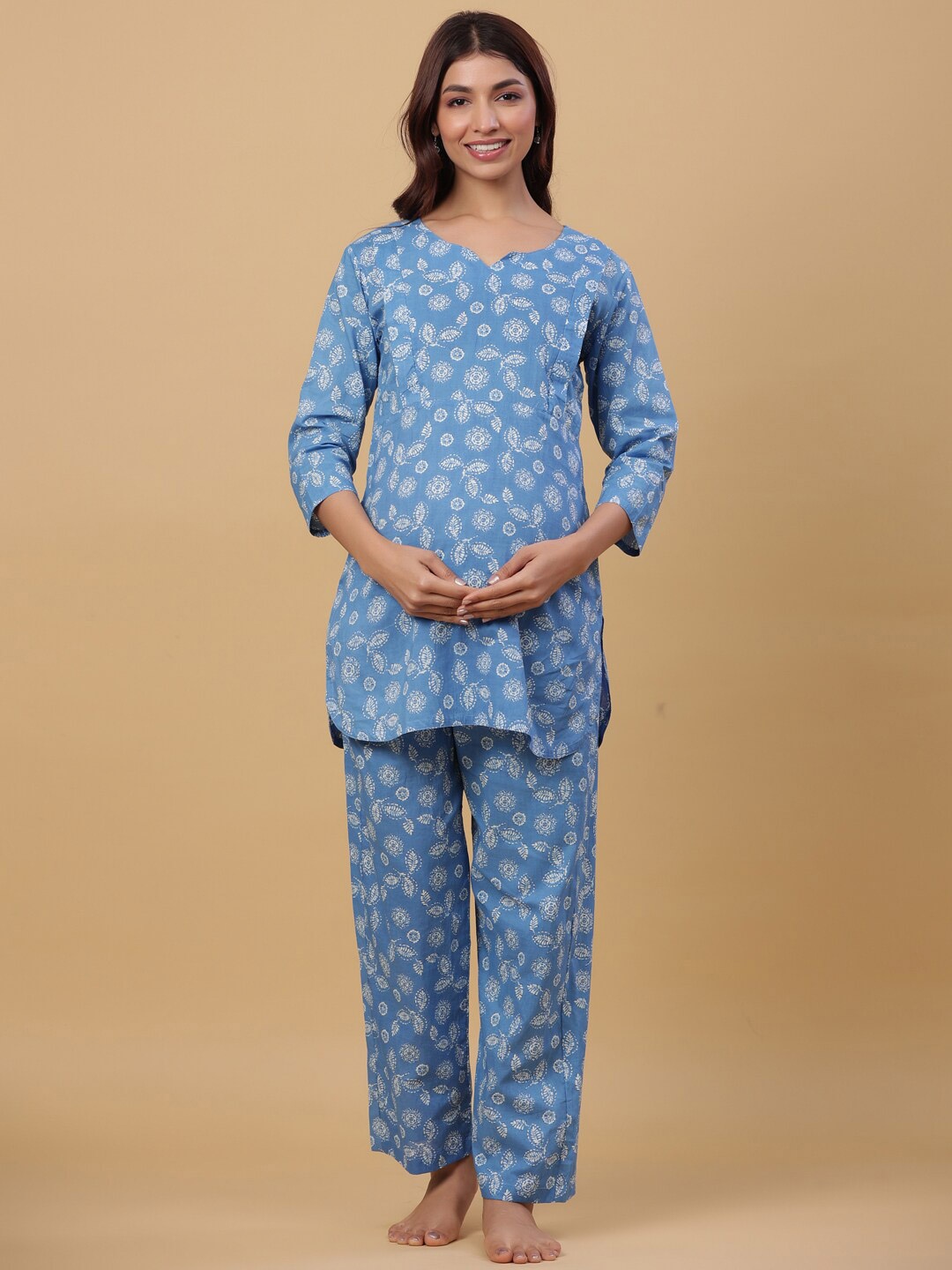 

CRAFIQA Women Floral Printed Maternity Pure Cotton Night Suit, Blue