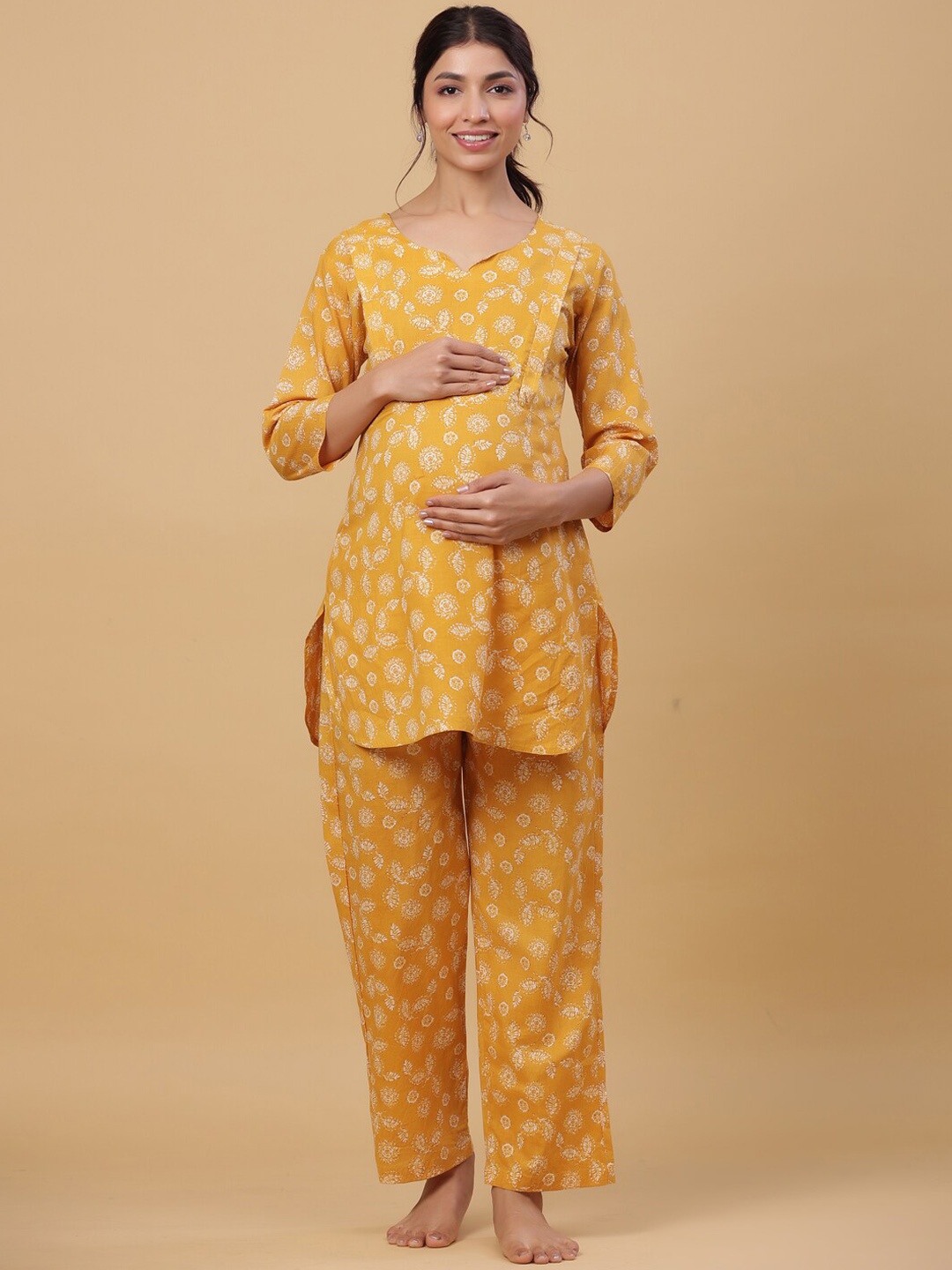 

CRAFIQA Women Floral Printed Maternity Pure Cotton Kaftan Night Suit, Mustard