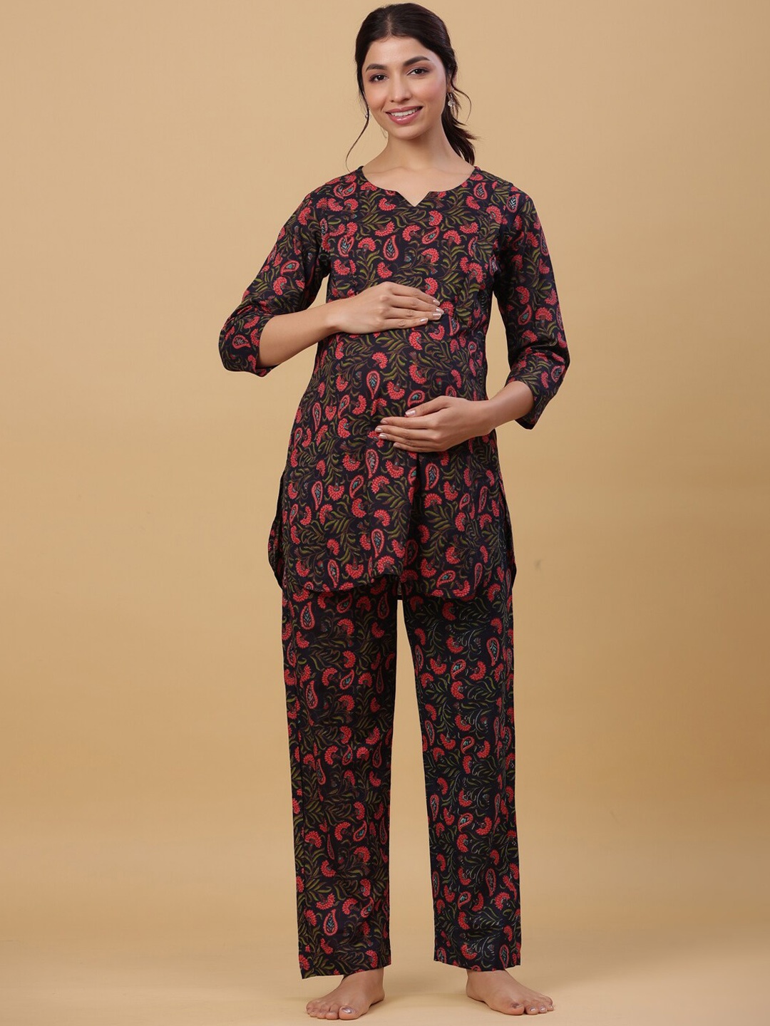 

CRAFIQA 2 Piece Floral Printed Pure Cotton Maternity & Nursing Night Suit, Black