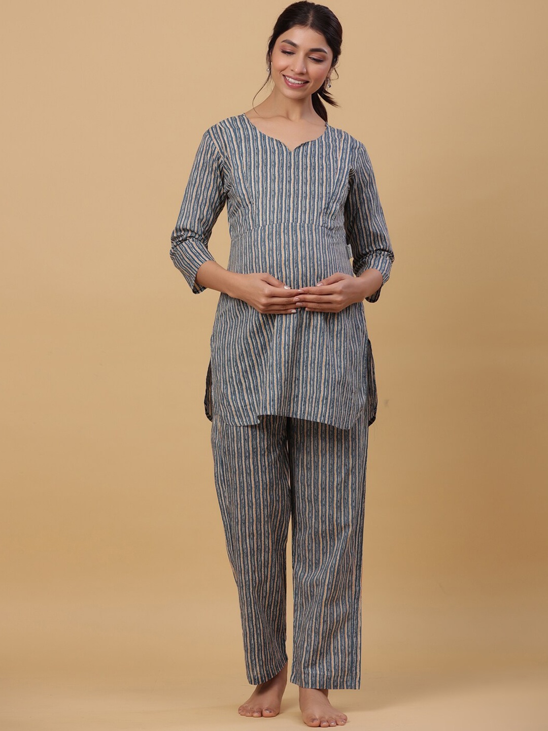 

CRAFIQA Striped Pure Cotton Maternity Night Suit, Blue