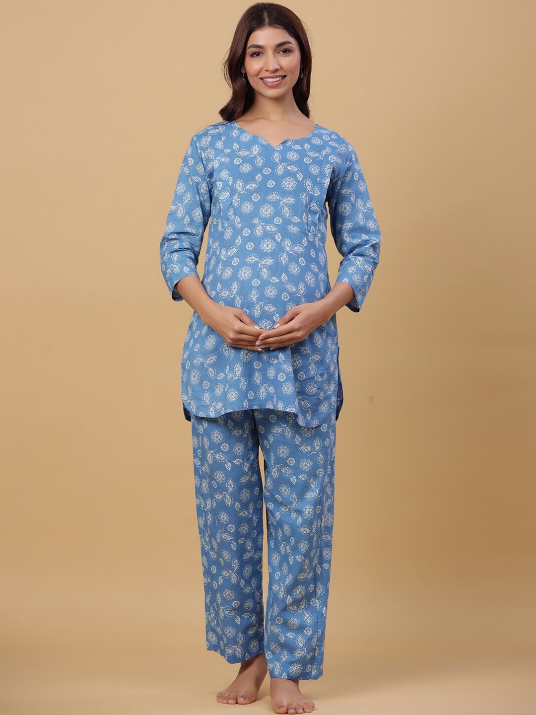 

CRAFIQA Floral Printed Pure Cotton Maternity Night Suit, Blue