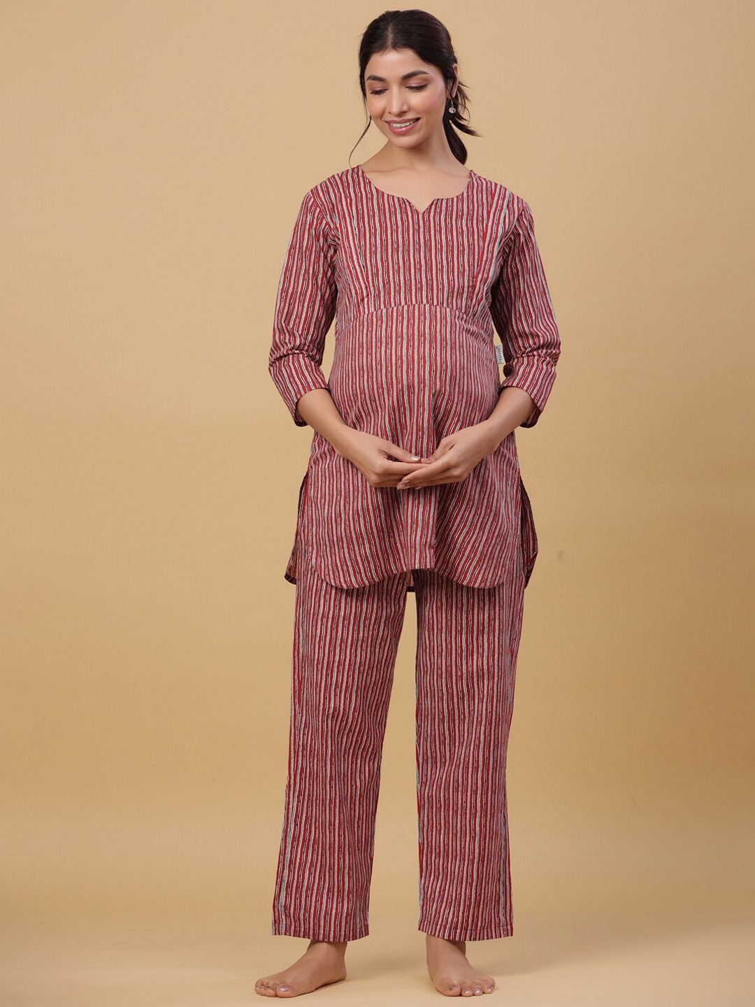 

CRAFIQA Striped Pure Cotton Maternity Night Suit, Maroon