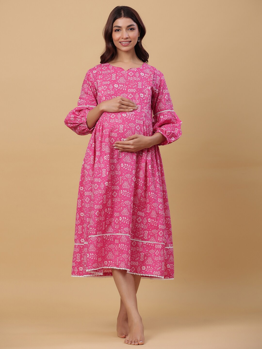 

Ikk Kudi by Seerat Ethnic Motifs Printed Maternity Pure Cotton A-Line Midi Dress, Pink