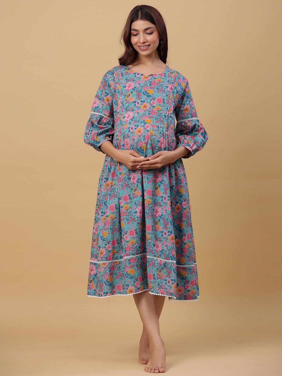

Ikk Kudi by Seerat Floral Printed Maternity Pure Cotton A-Line Midi Dress, Turquoise blue