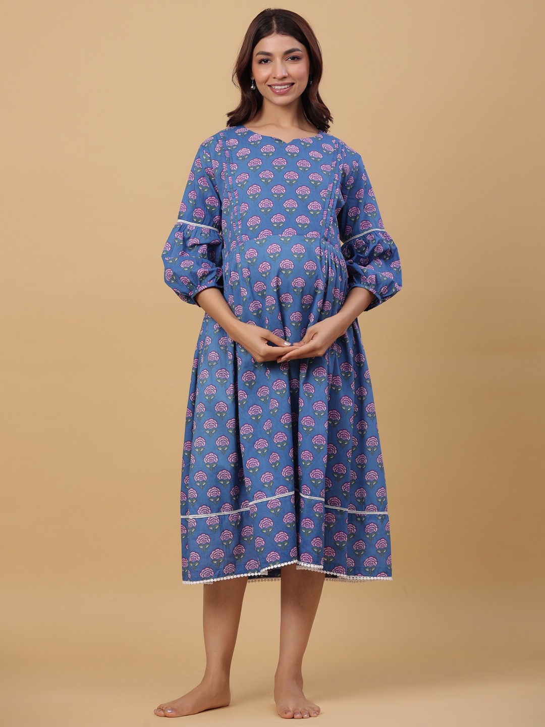

Ikk Kudi by Seerat Floral Printed Maternity Pure Cotton A-Line Midi Dress, Blue