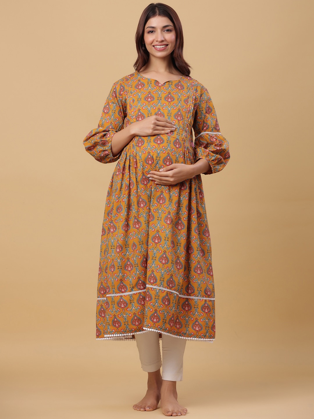 

Ikk Kudi by Seerat Women Floral Printed Maternity Anarkali Kurta, Mustard