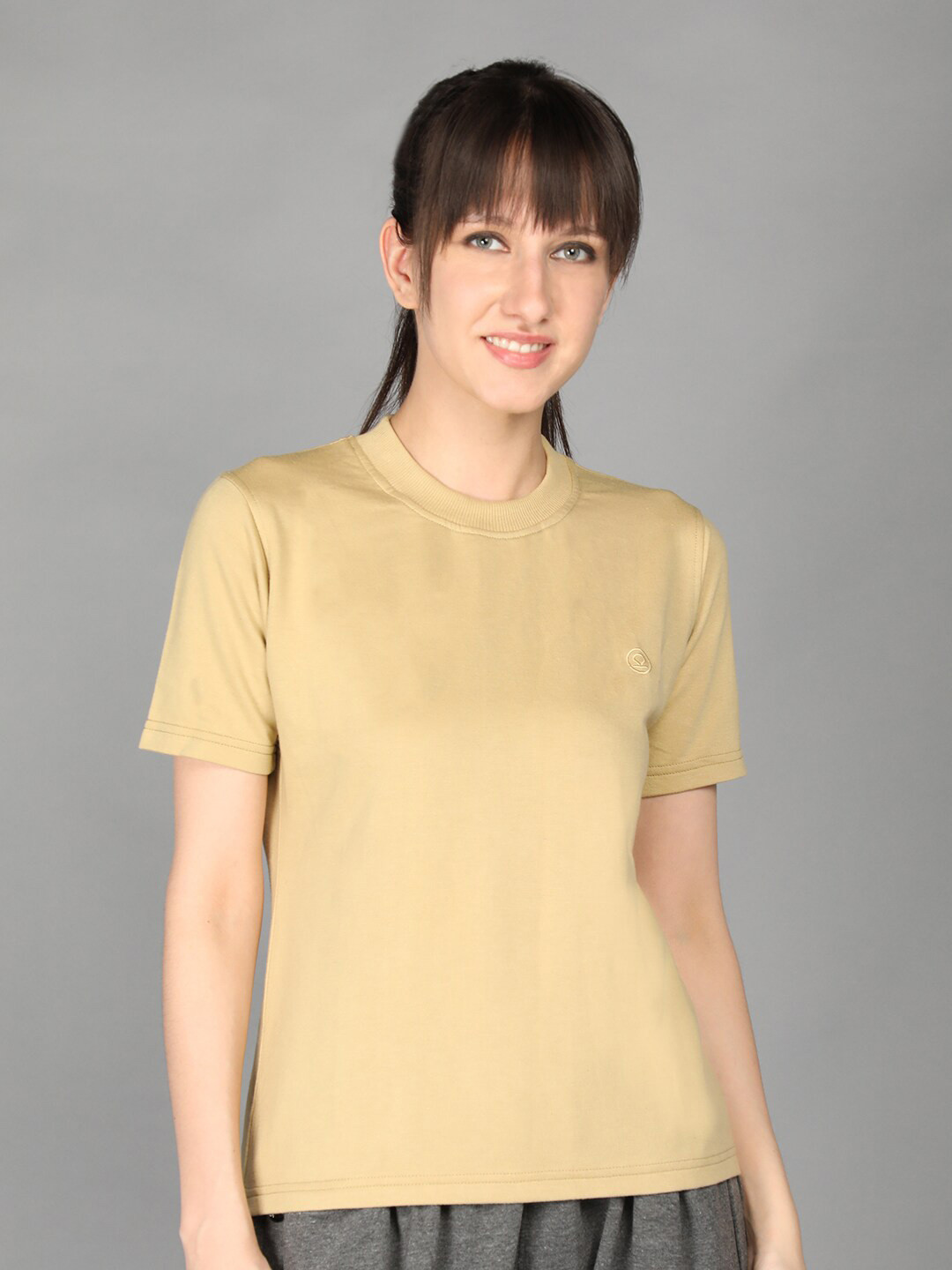 

CHKOKKO Women Round Neck T-shirt, Beige