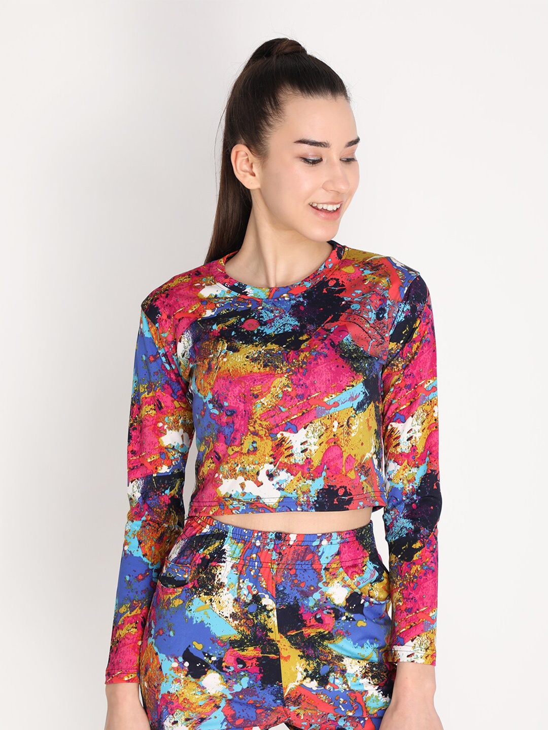 

CHKOKKO Round Neck Print Crop Top, Pink