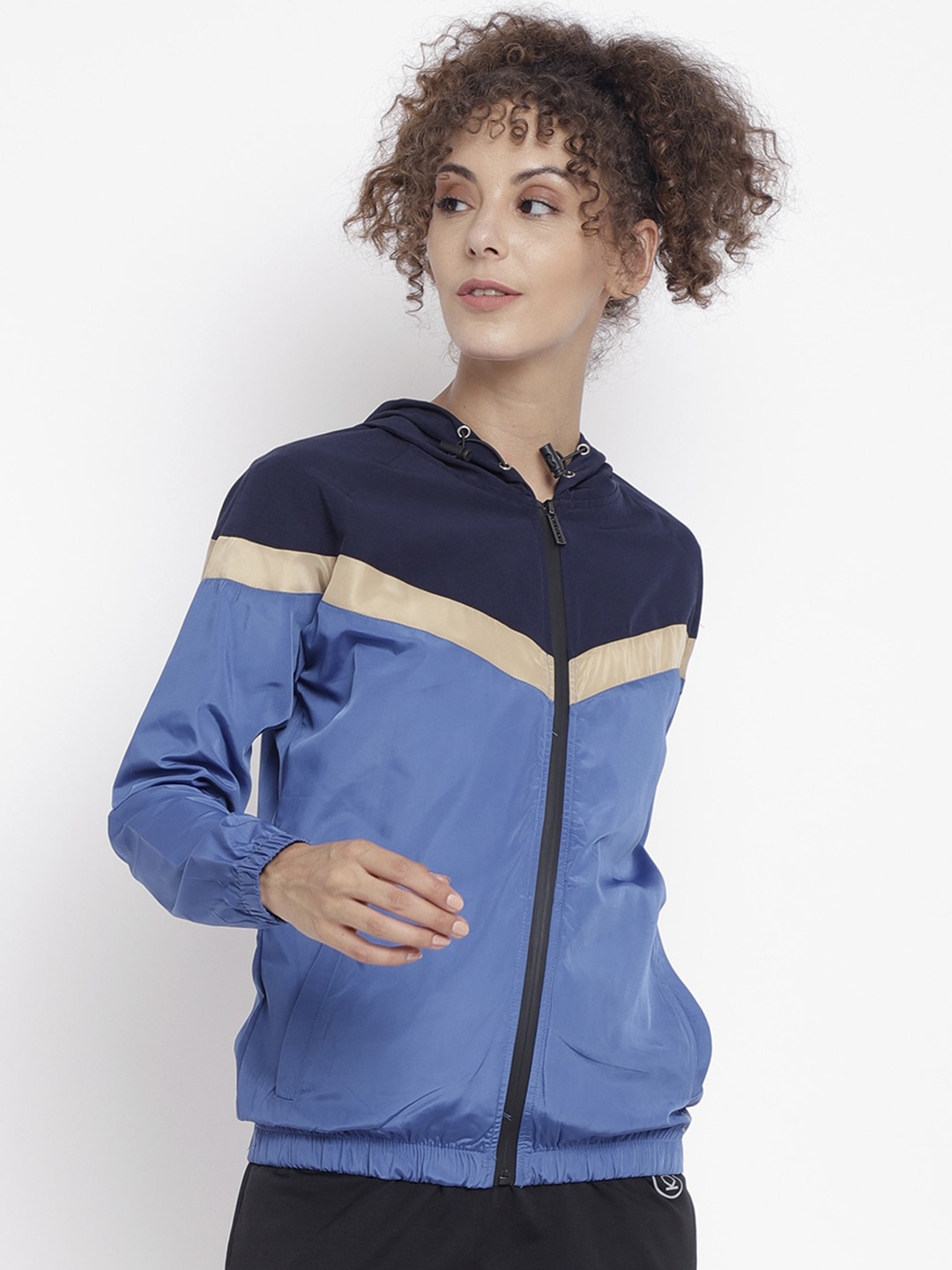 CHKOKKO Women Colourblocked Windcheater Sporty Jacket, Blue