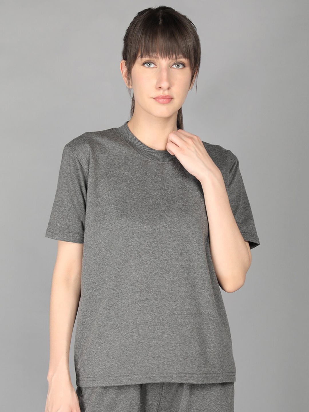 

CHKOKKO Round Neck Loose Fit Cotton T-shirt, Grey