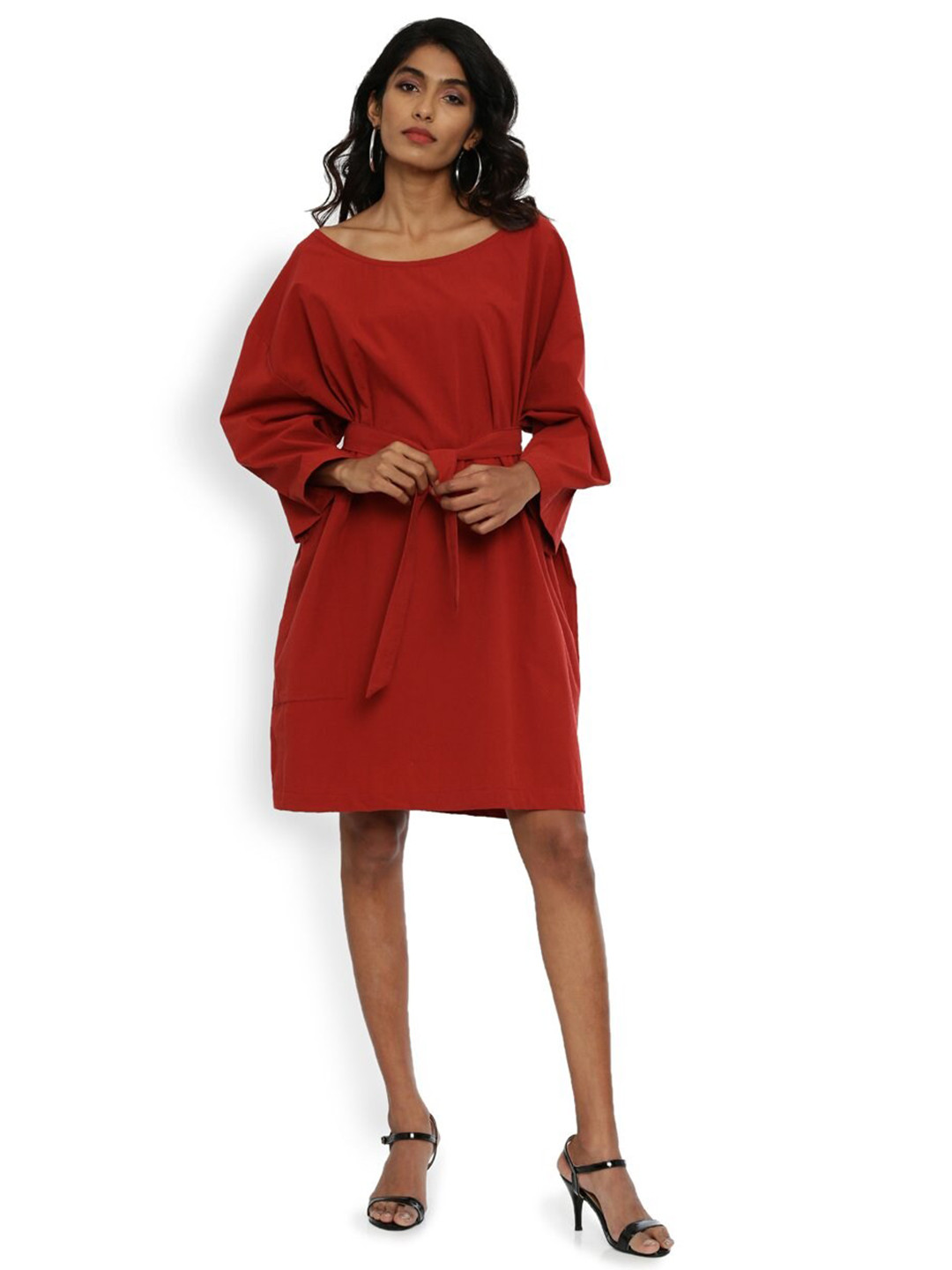 

GRASS by Gitika Goyal Belted Round Neck Cotton A-line Dress, Maroon