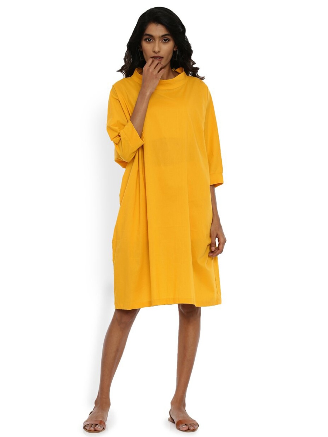 

GRASS by Gitika Goyal Mock Neck Cotton T-shirt Dress, Yellow