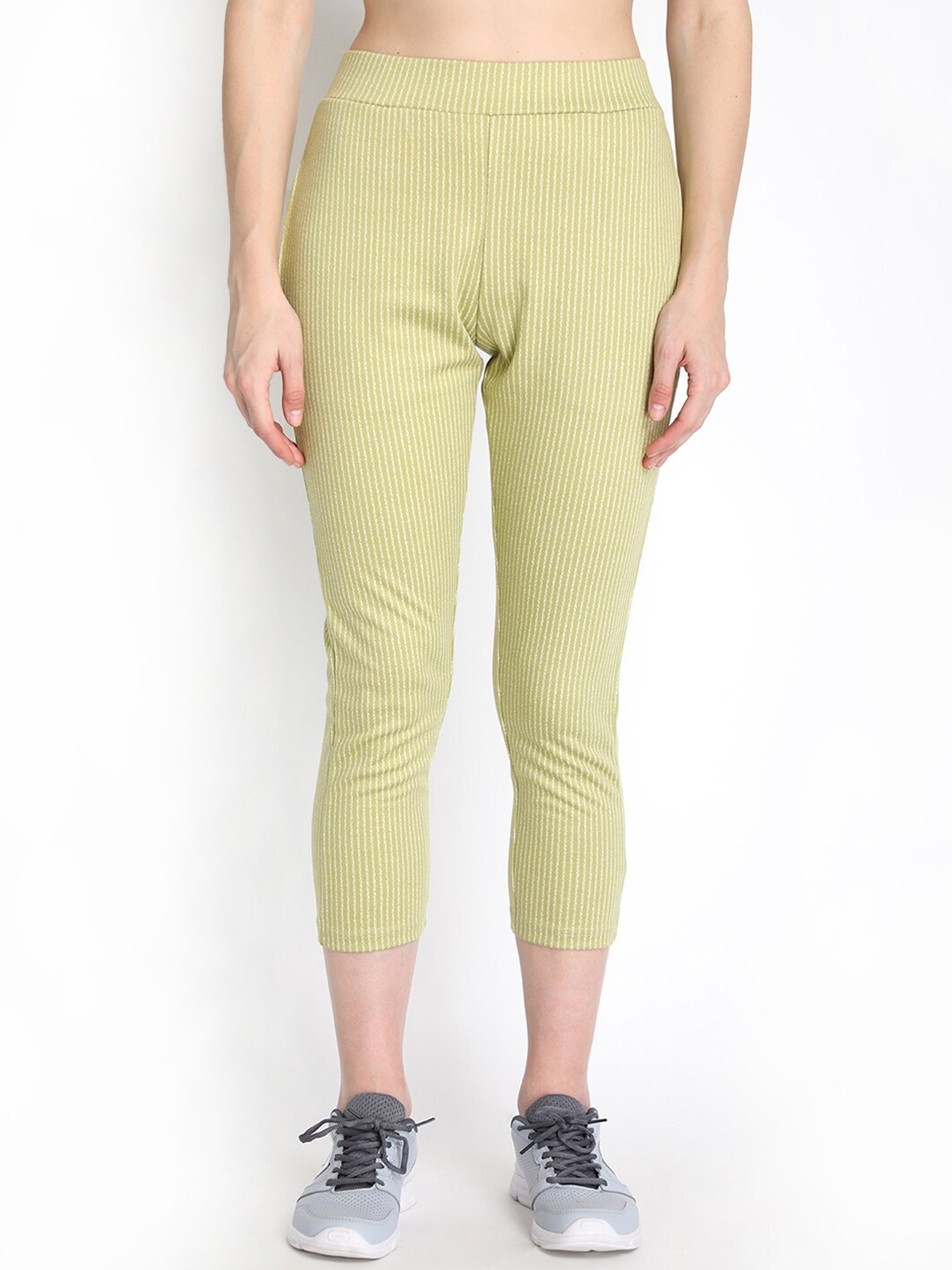 

CHKOKKO Women Mid-Rise Striped Slim-Fit Track Pants, Lime green