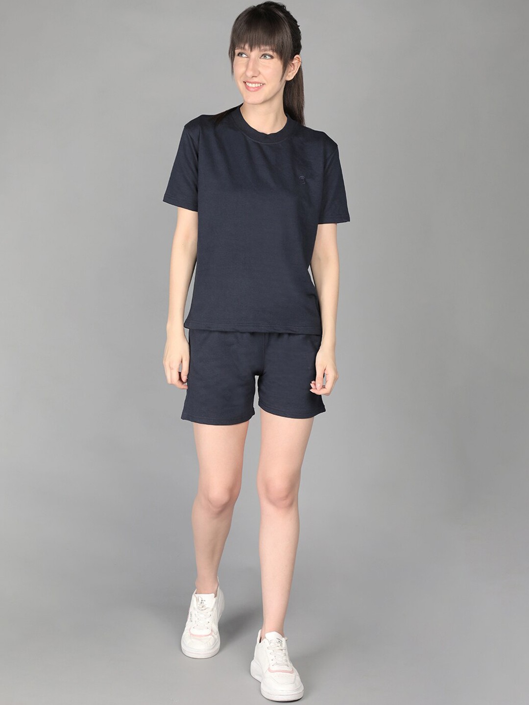 

CHKOKKO Women T-shirt with Shorts Co-Ord Set, Navy blue