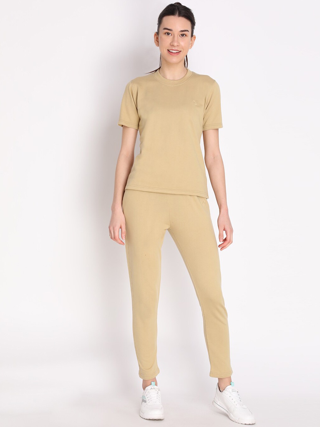 

CHKOKKO Women T-shirt With Trousers Co-Ord Set, Beige