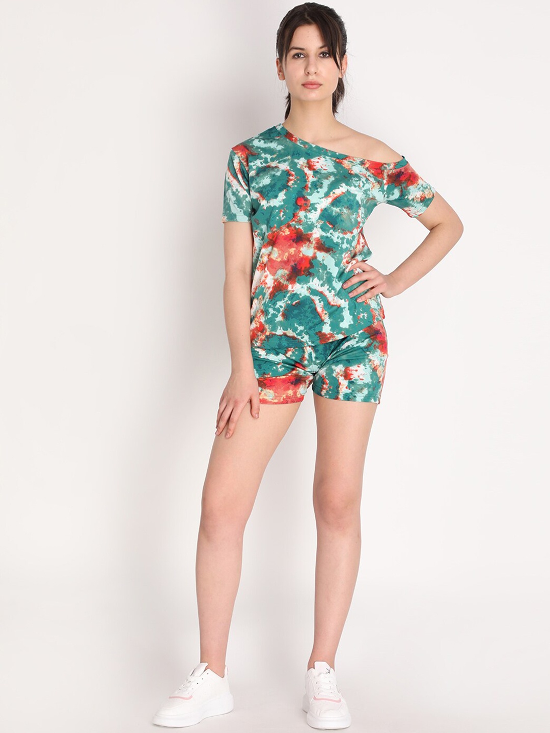 

CHKOKKO Women Tie-Dye Printed Crop Top With Shorts, Sea green