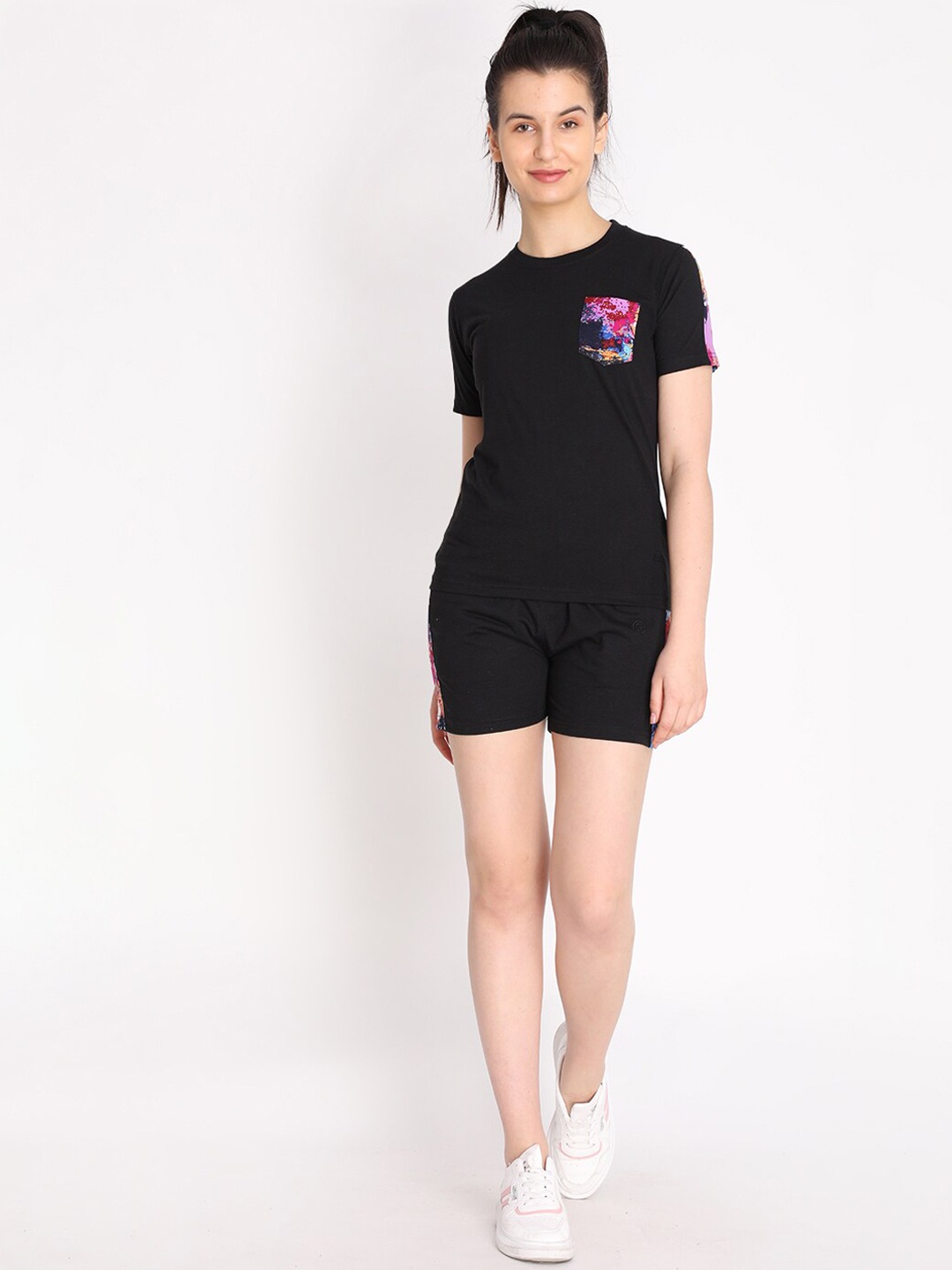 

CHKOKKO Women T-shirt with Shorts Co-Ord Set, Black