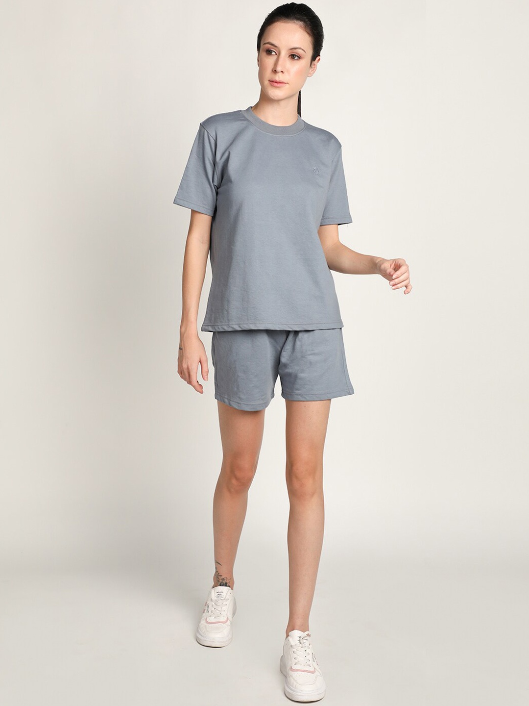 

CHKOKKO Women Cotton Blend T-Shirt With Shorts, Grey