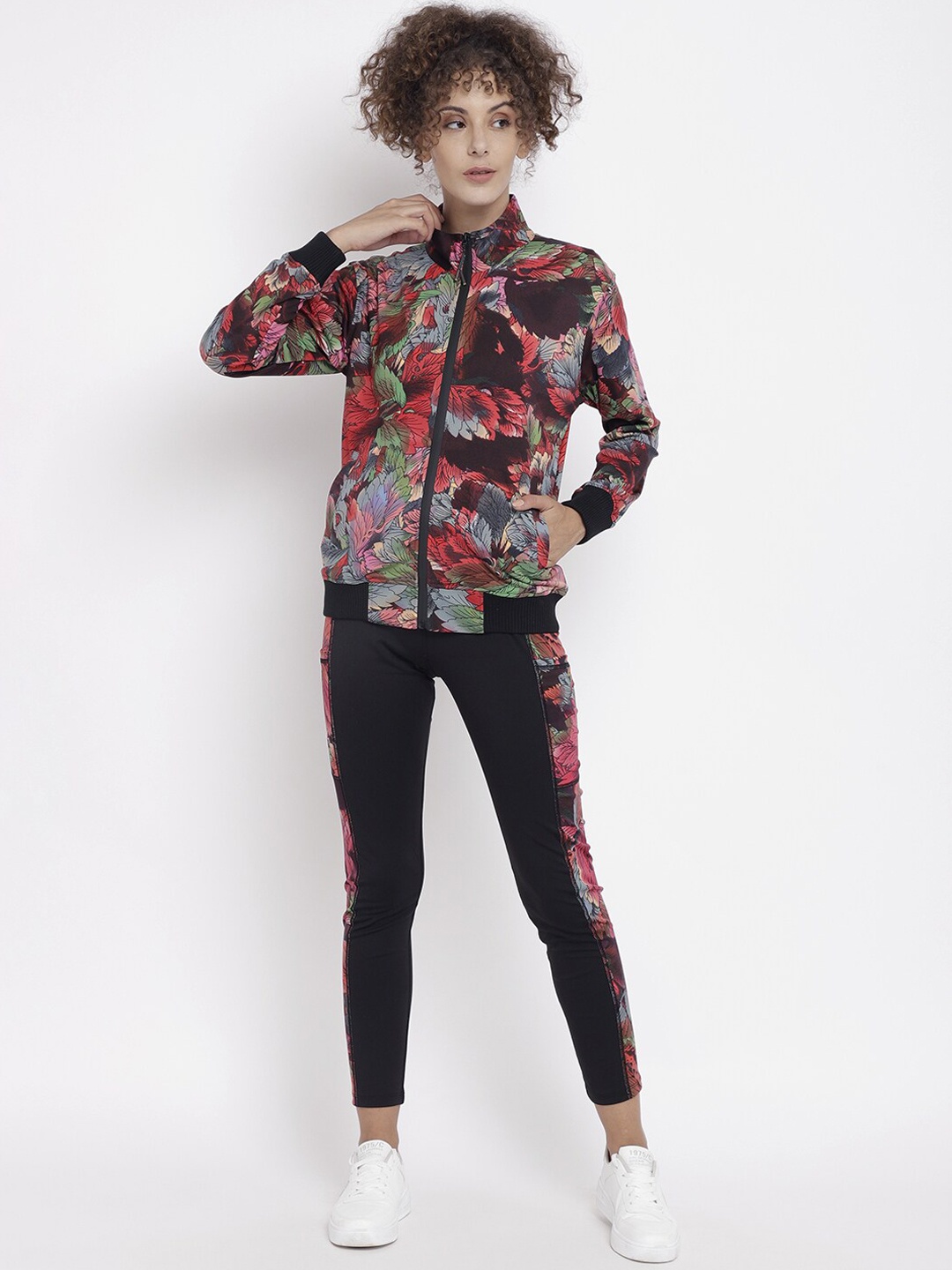 

CHKOKKO Women Printed Zipper Full Sleeves Tracksuits Set, Black