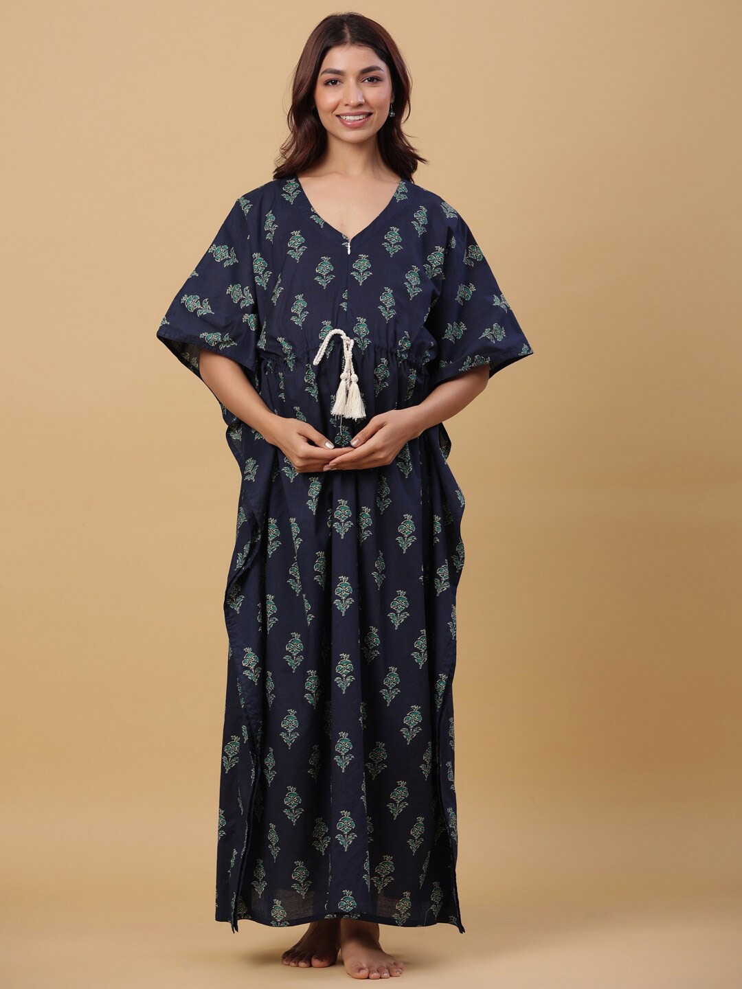 

Ikk Kudi by Seerat Floral Printed Maternity Pure Cotton Maxi Kaftan Nightdress, Navy blue