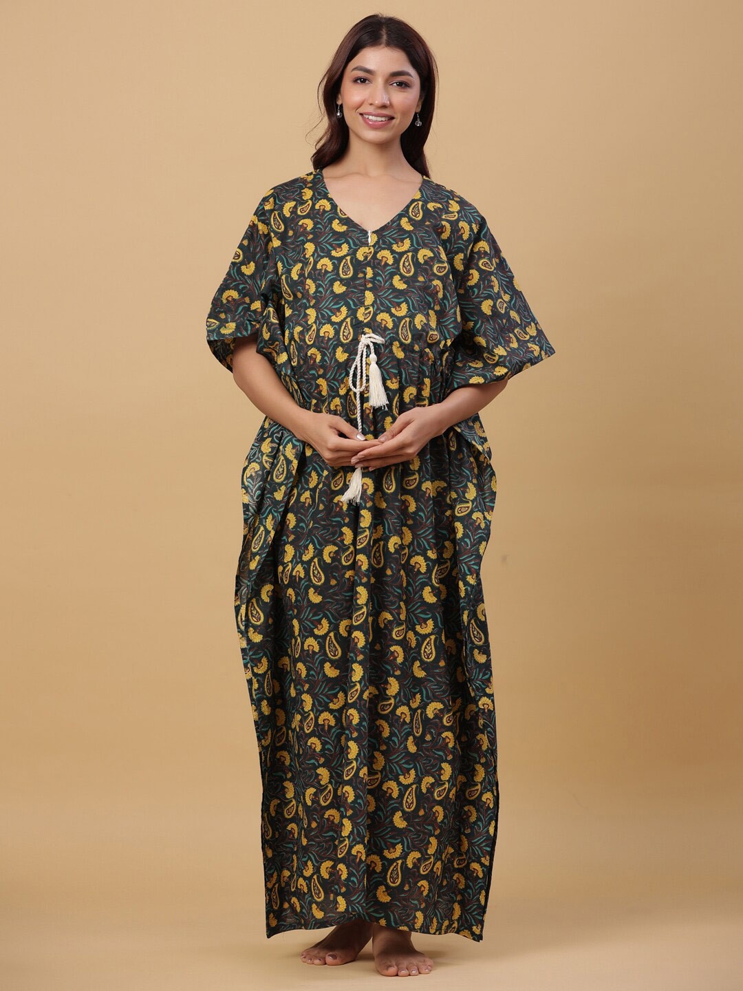 

Ikk Kudi by Seerat Floral Printed Maternity Pure Cotton Maxi Kaftan Nightdress, Green