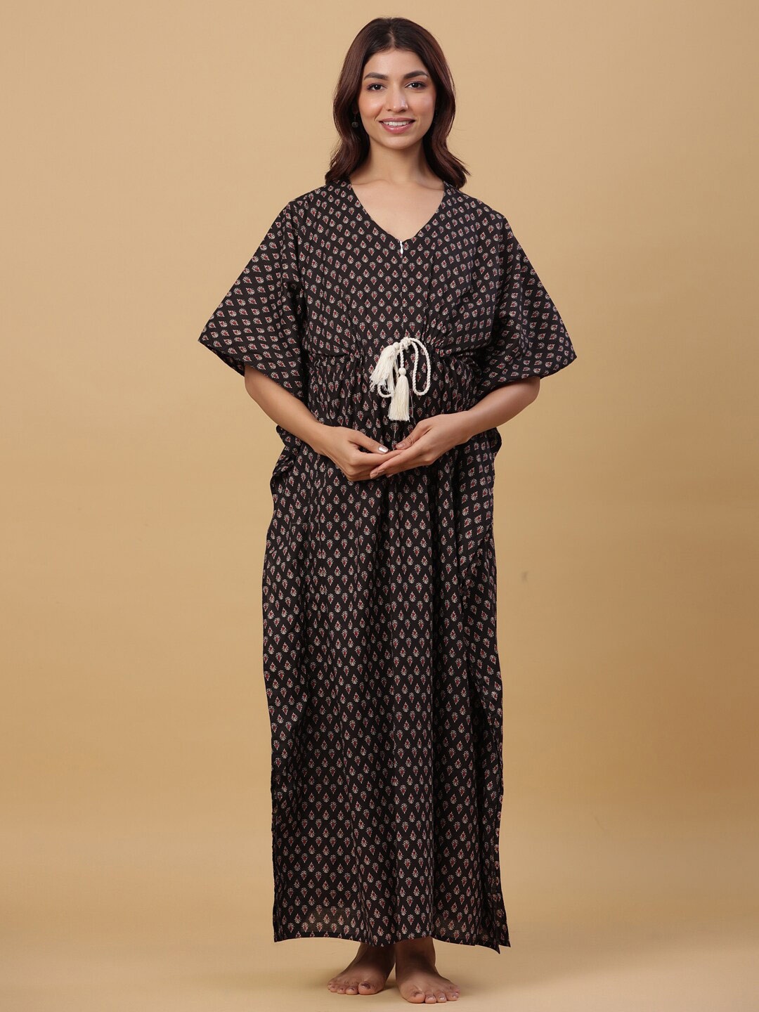 

Ikk Kudi by Seerat Ethnic Motifs Maternity Pure Cotton Maxi Kaftan Nightdress, Black