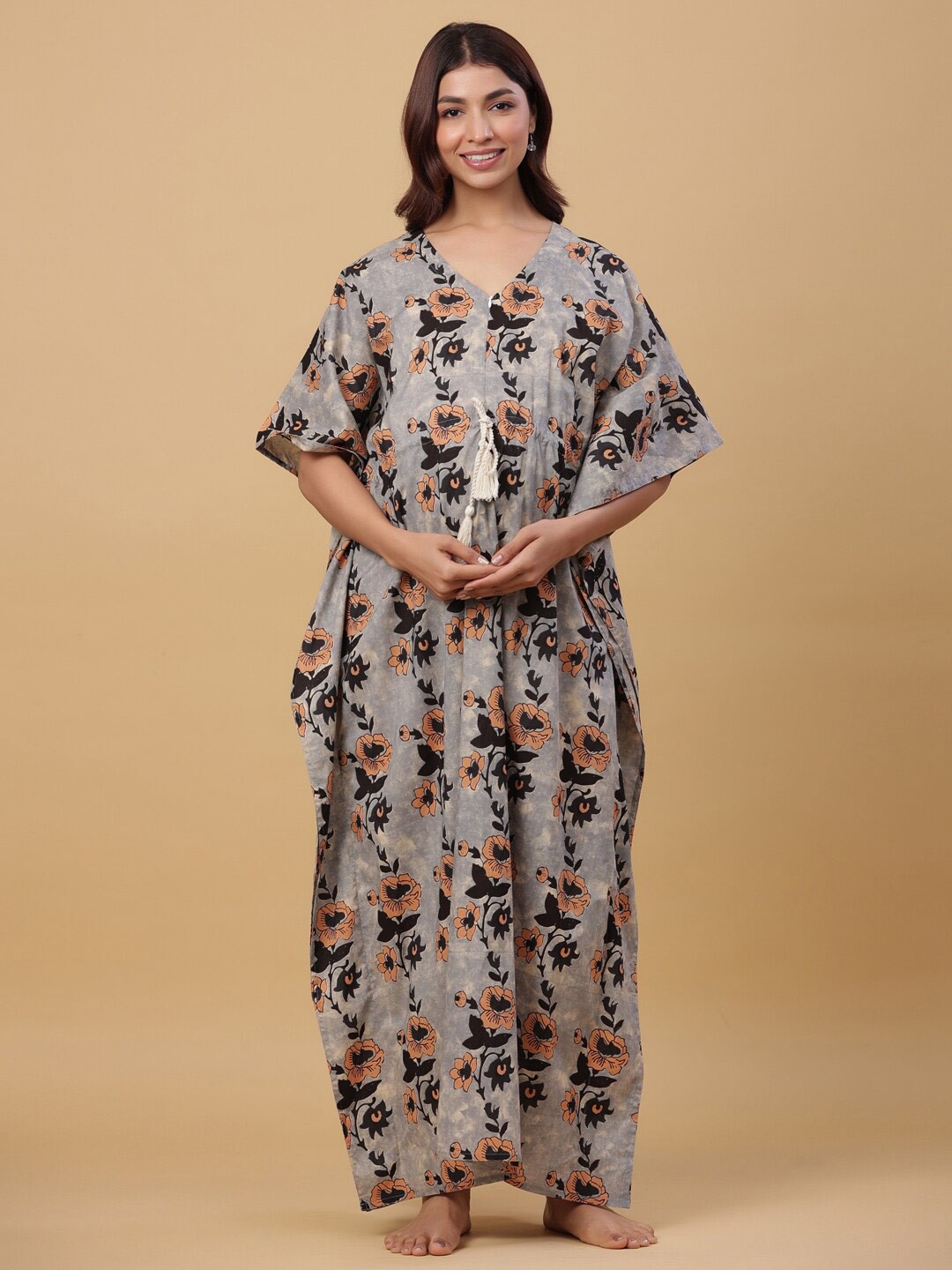 

Ikk Kudi by Seerat Floral Printed Maternity Pure Cotton Maxi Kaftan Nightdress, Grey