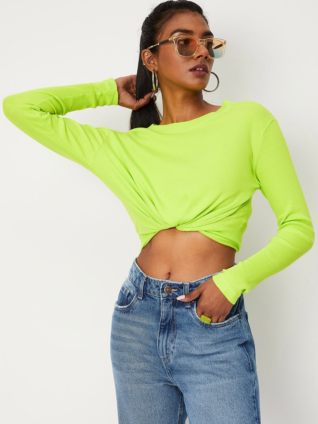 

max Women Regular Boat Neck T-shirt, Fluorescent green