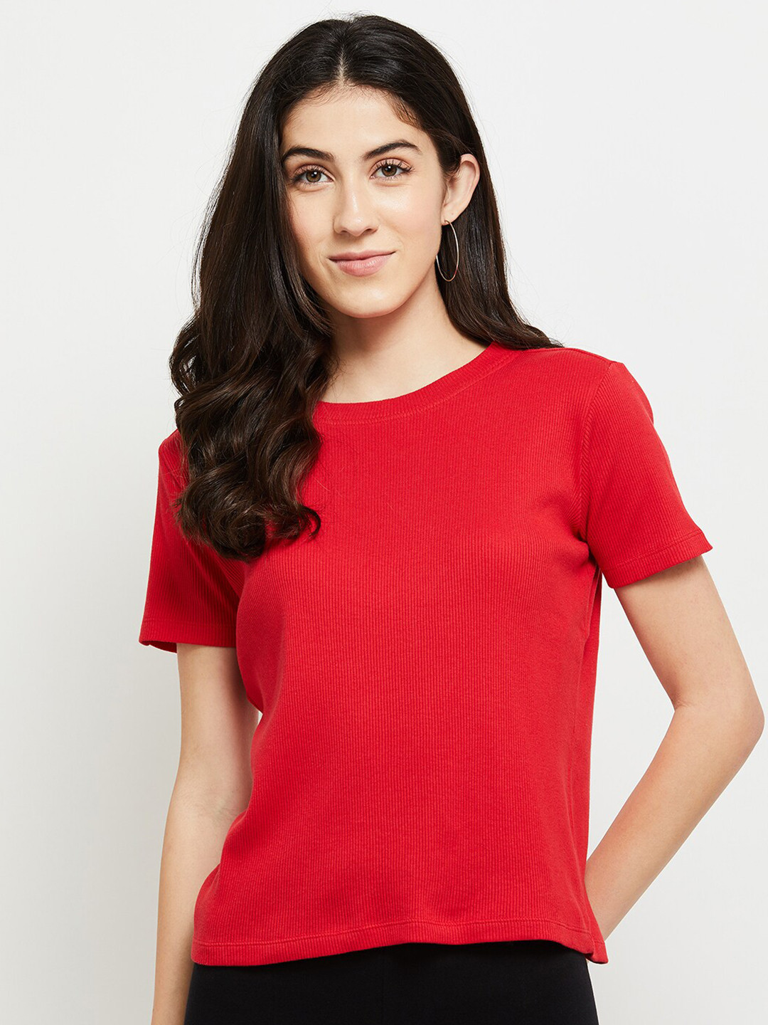

max Women Round Neck Cotton T-shirt, Red