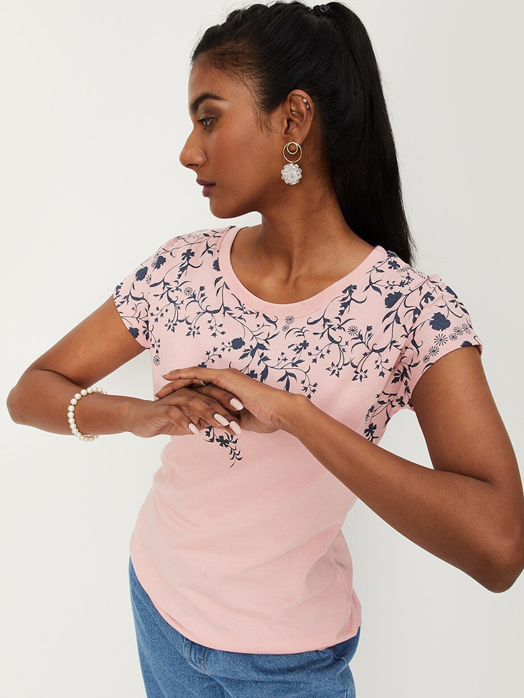 

max Women Floral Printed Cotton T-shirt, Pink