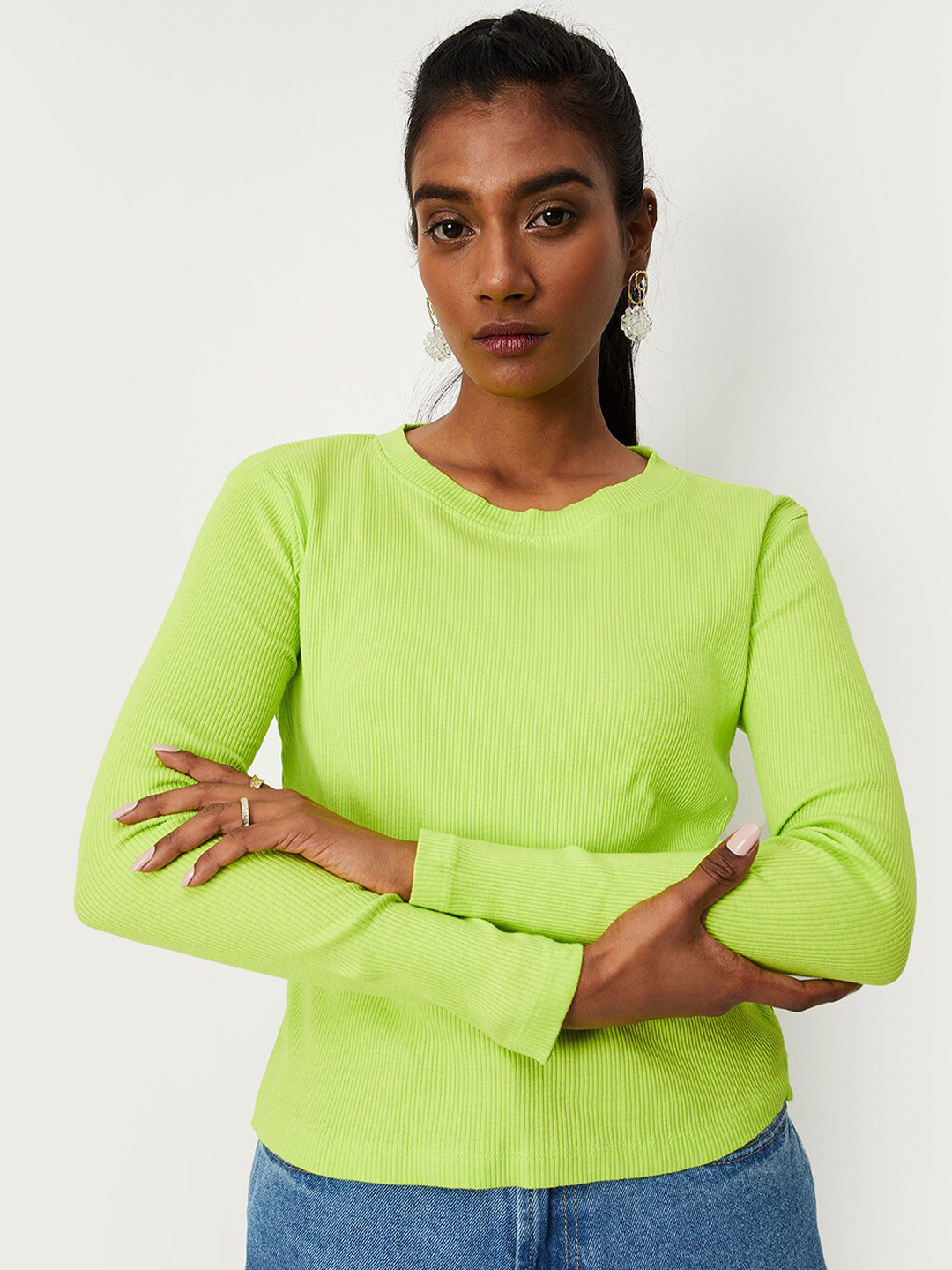 

max Women Regular Round Neck T-shirt, Fluorescent green