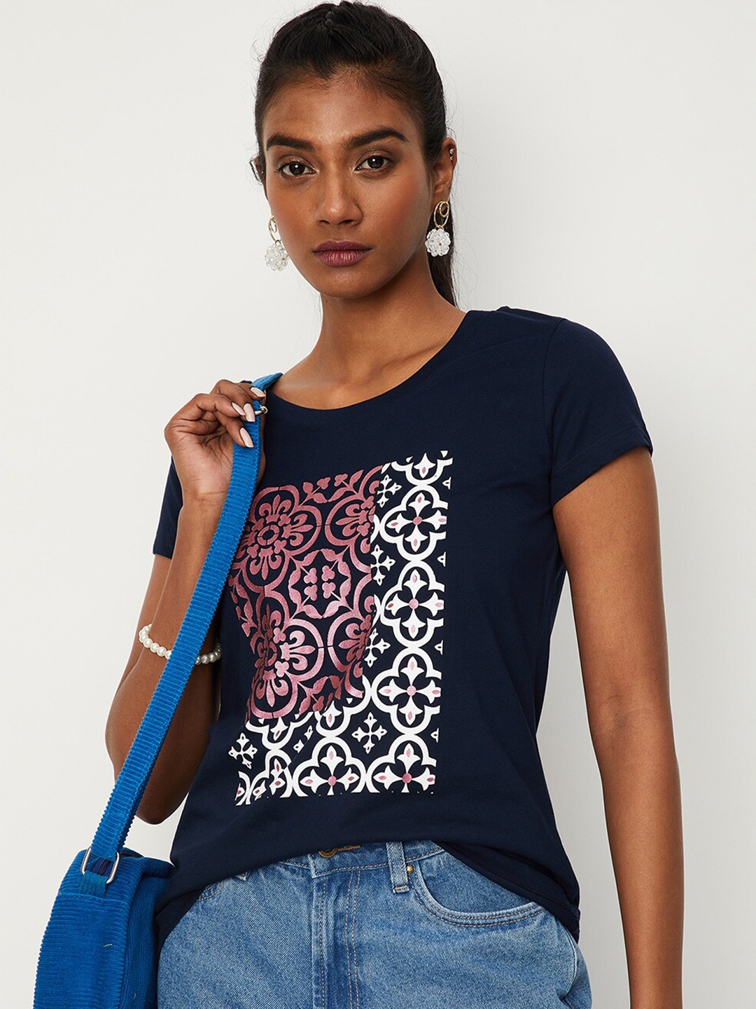 

max Women Printed Cotton T-shirt, Navy blue