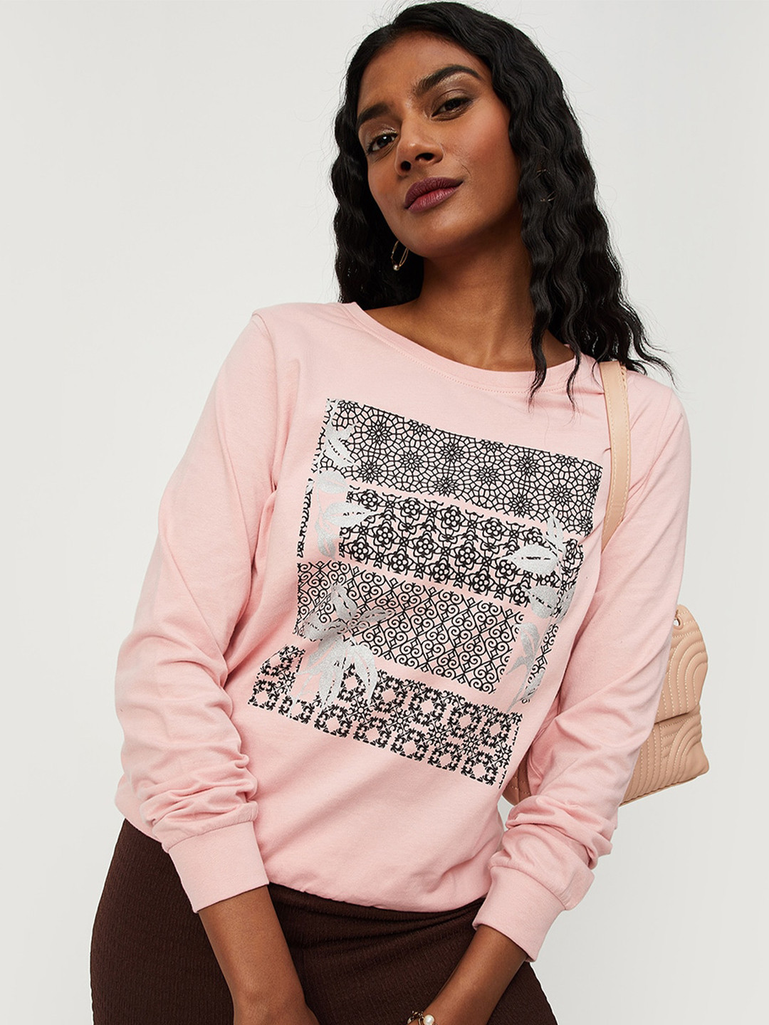 

max Women Abstract Printed Pure Cotton T-shirt, Pink