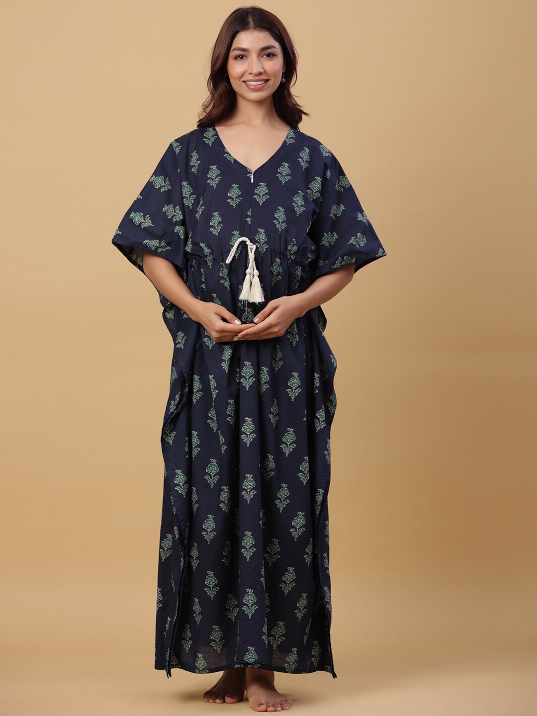 

Ikk Kudi by Seerat Floral Maternity Kaftan Maxi Pure Cotton Nightdress, Navy blue