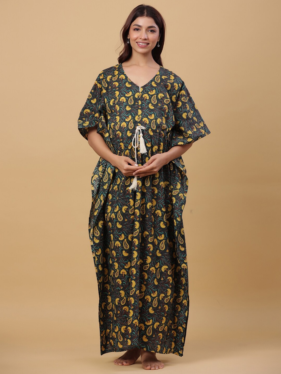 

Ikk Kudi by Seerat Floral Maternity Kaftan Maxi Pure Cotton Dress, Green