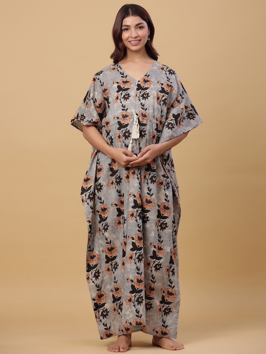 

Ikk Kudi by Seerat Floral Maternity Kaftan Maxi Pure Cotton Nightdress, Grey